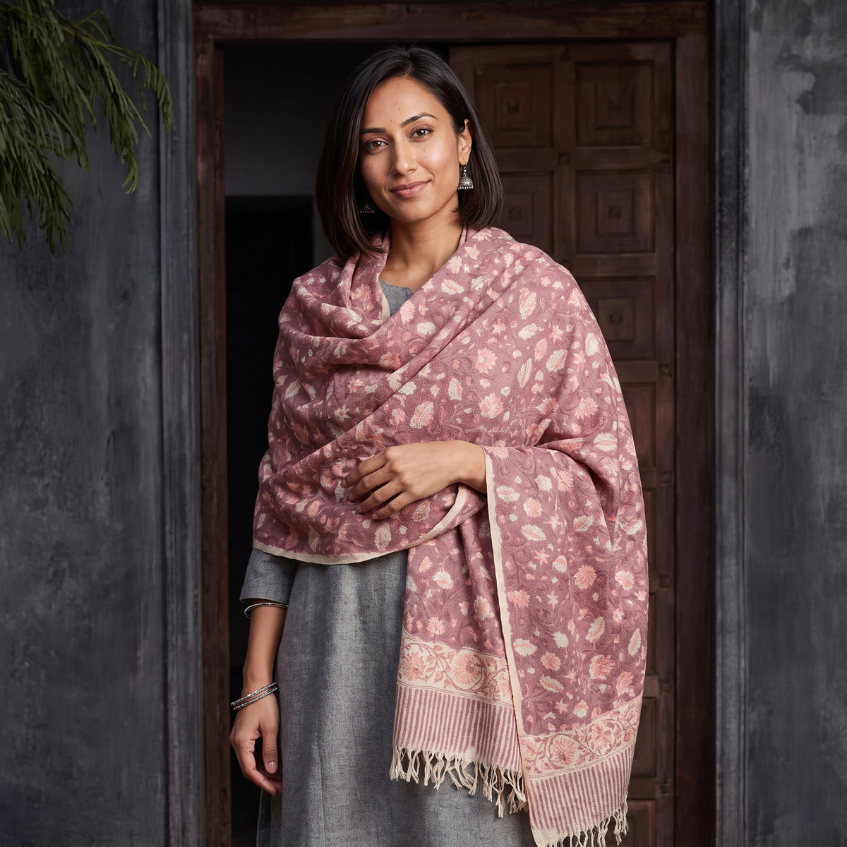 Mauve Floral Sanganeri Print Pure Merino Wool Handwoven Shawl, worn by a model, AI visual of the shawl, iTokri