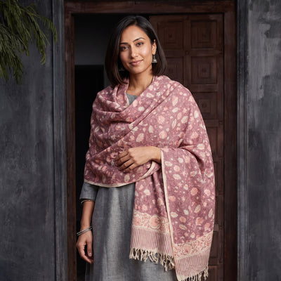 Mauve Floral Sanganeri Print Pure Merino Wool Handwoven Shawl, worn by a model, AI visual of the shawl, iTokri