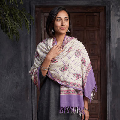 Off White Floral Sanganeri Print Pure Merino Wool Handwoven Shawl, worn by a model, AI visual of the shawl, iTokri