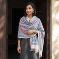 Teal Floral Sanganeri Print Pure Merino Wool Handwoven Shawl, worn by a model, AI visual of the shawl, iTokri