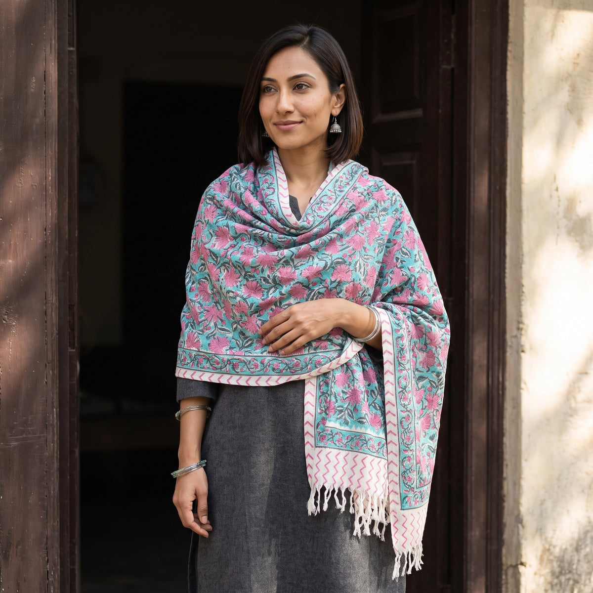 Teal Floral Sanganeri Print Pure Merino Wool Handwoven Shawl, worn by a model, AI visual of the shawl, iTokri
