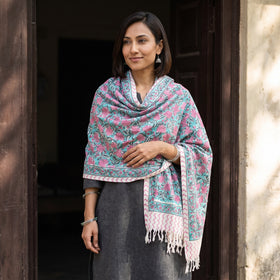 Teal Floral Sanganeri Print Pure Merino Wool Handwoven Shawl, worn by a model, AI visual of the shawl, iTokri