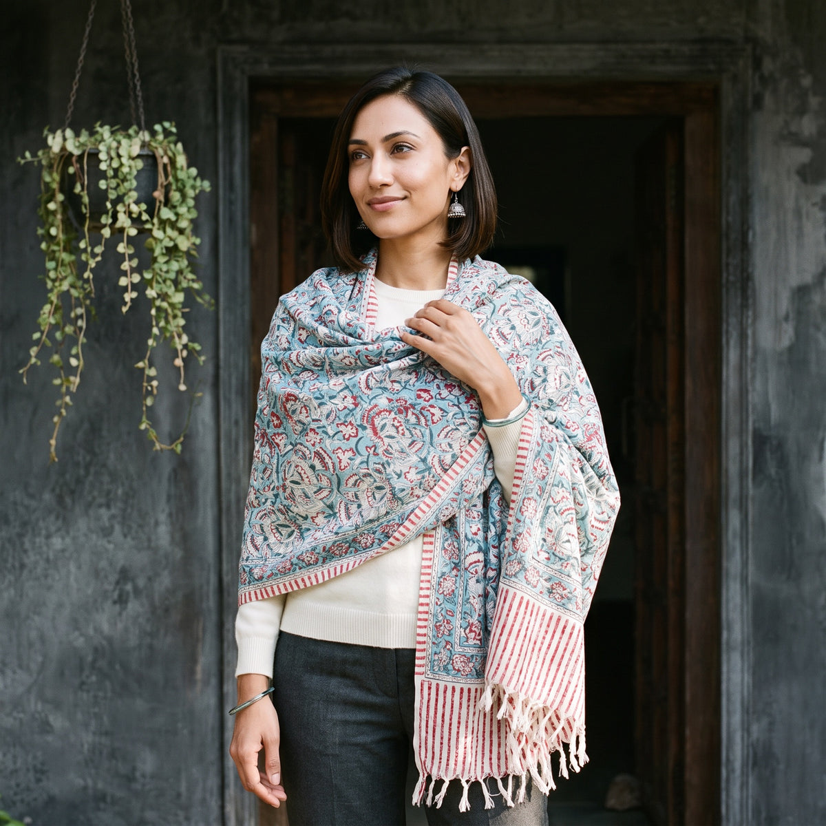 Light Blue Floral Sanganeri Print Pure Merino Wool Handwoven Shawl, worn by a model, AI visual of the shawl, iTokri