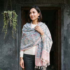 Light Blue Floral Sanganeri Print Pure Merino Wool Handwoven Shawl, worn by a model, AI visual of the shawl, iTokri