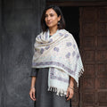 Off White Floral Sanganeri Print Pure Merino Wool Handwoven Shawl, worn by a model, AI visual of the shawl, iTokri