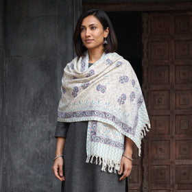 Off White Floral Sanganeri Print Pure Merino Wool Handwoven Shawl, worn by a model, AI visual of the shawl, iTokri
