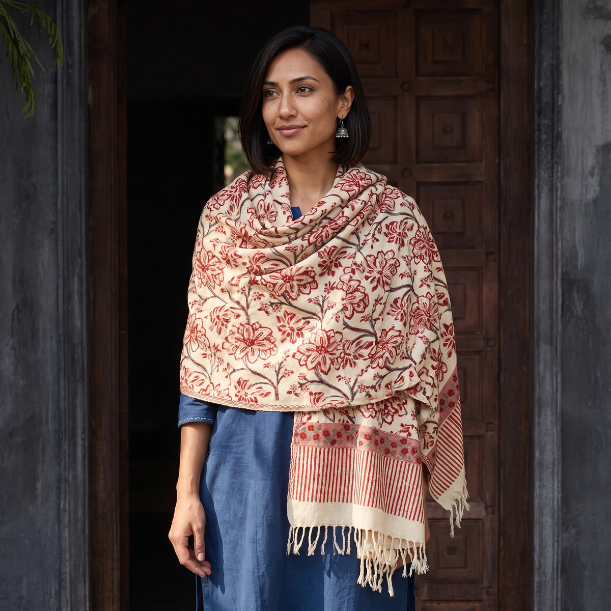 Off White Floral Sanganeri Print Pure Merino Wool Handwoven Shawl, worn by a model, AI visual of the shawl, iTokri