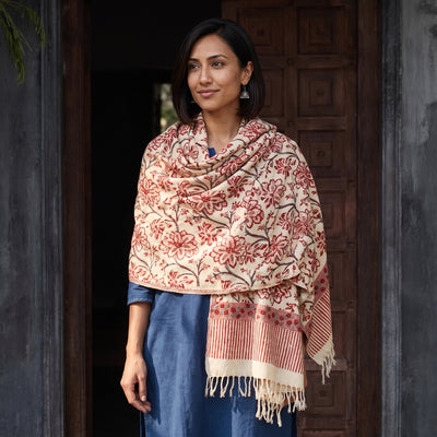 Off White Floral Sanganeri Print Pure Merino Wool Handwoven Shawl, worn by a model, AI visual of the shawl, iTokri