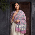 Purple Floral Sanganeri Print Pure Merino Wool Handwoven Shawl, worn by a model, AI visual of the shawl, iTokri