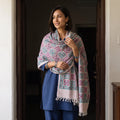 Teal Floral Sanganeri Print Pure Merino Wool Handwoven Shawl, worn by a model, AI visual of the shawl, iTokri
