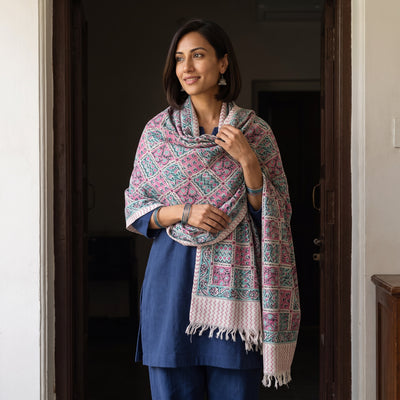 Teal Floral Sanganeri Print Pure Merino Wool Handwoven Shawl, worn by a model, AI visual of the shawl, iTokri