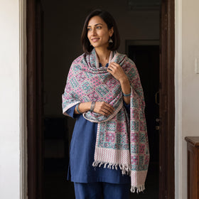 Teal Floral Sanganeri Print Pure Merino Wool Handwoven Shawl, worn by a model, AI visual of the shawl, iTokri