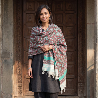 Grey Floral Sanganeri Print Pure Merino Wool Handwoven Shawl, worn by a model, AI visual of the shawl, iTokri