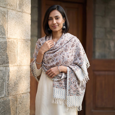 Off White Floral Sanganeri Print Pure Merino Wool Handwoven Shawl, worn by a model, AI visual of the shawl, iTokri