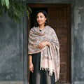 Grey Floral Sanganeri Print Pure Merino Wool Handwoven Shawl, worn by a model, AI visual of the shawl, iTokri