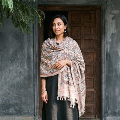 Grey Floral Sanganeri Print Pure Merino Wool Handwoven Shawl, worn by a model, AI visual of the shawl, iTokri