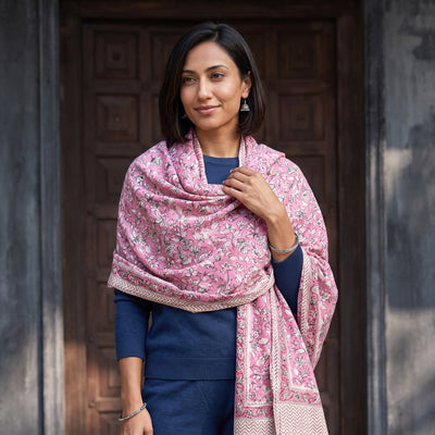 Pink Floral Sanganeri Print Pure Merino Wool Handwoven Shawl, worn by a model, AI visual of the shawl, iTokri