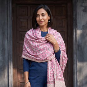 Pink Floral Sanganeri Print Pure Merino Wool Handwoven Shawl, worn by a model, AI visual of the shawl, iTokri