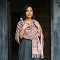 Lavender Floral Sanganeri Print Pure Merino Wool Handwoven Shawl, worn by a model, AI visual of the shawl, iTokri