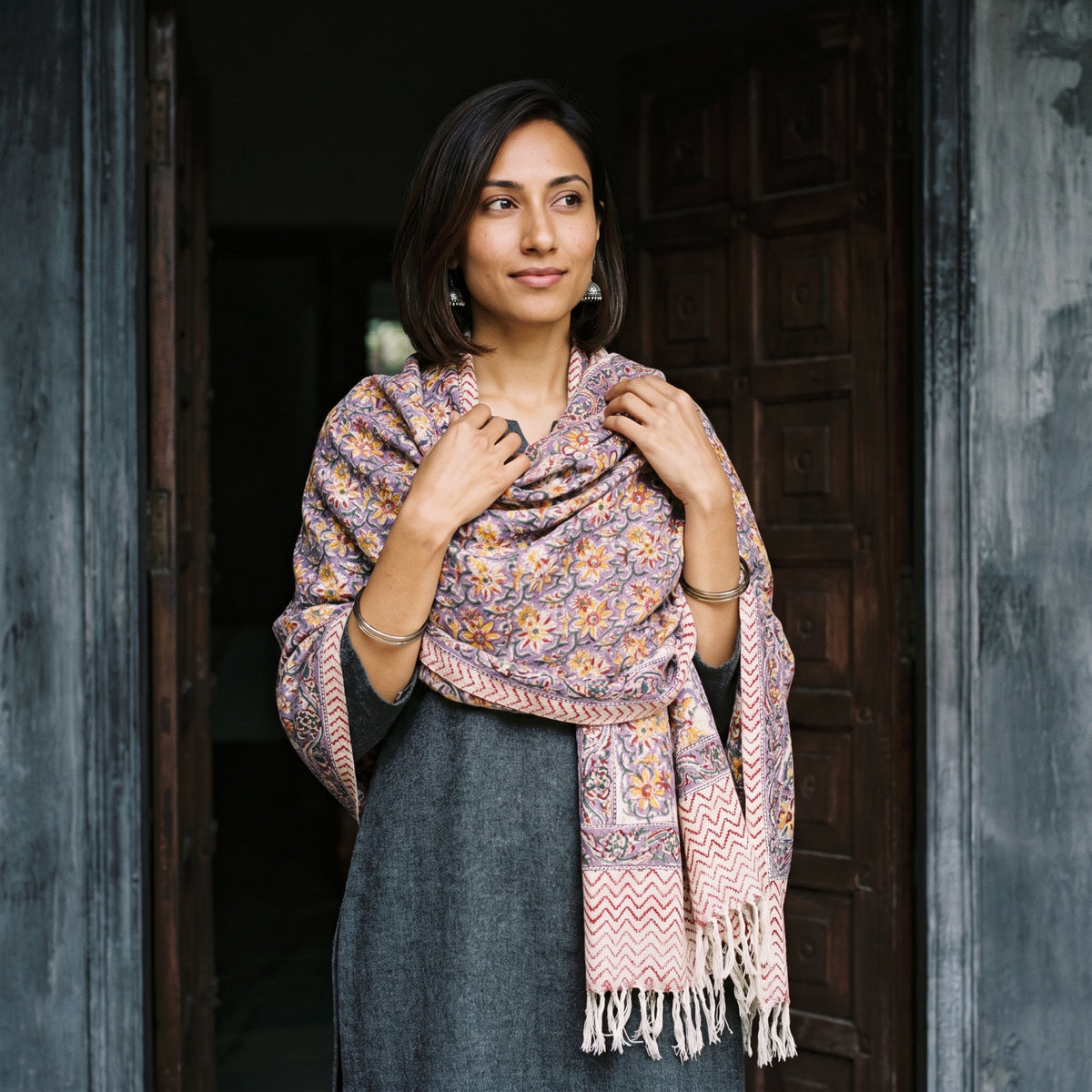 Lavender Floral Sanganeri Print Pure Merino Wool Handwoven Shawl, worn by a model, AI visual of the shawl, iTokri