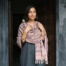 Lavender Floral Sanganeri Print Pure Merino Wool Handwoven Shawl, worn by a model, AI visual of the shawl, iTokri