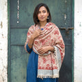 Off White Floral Sanganeri Print Pure Merino Wool Handwoven Shawl, worn by a model, AI visual of the shawl, iTokri