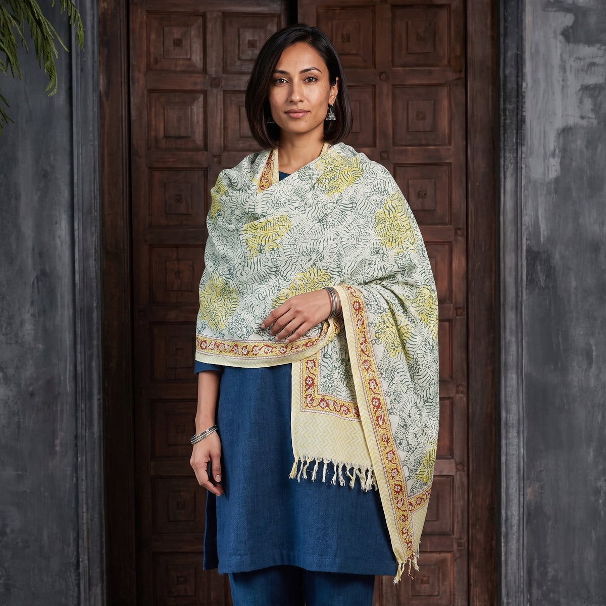 Green Floral Sanganeri Print Pure Merino Wool Handwoven Shawl, worn by a model, AI visual of the shawl, iTokri