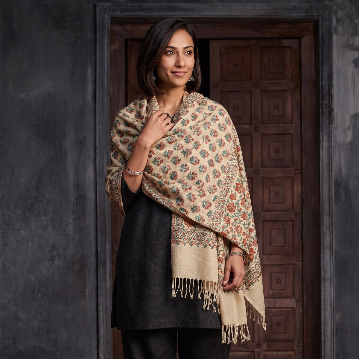 Beige Floral Sanganeri Print Pure Merino Wool Handwoven Shawl, worn by a model, AI visual of the shawl, iTokri