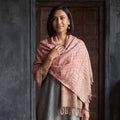 Pink Floral Sanganeri Print Pure Merino Wool Handwoven Shawl, worn by a model, AI visual of the shawl, iTokri