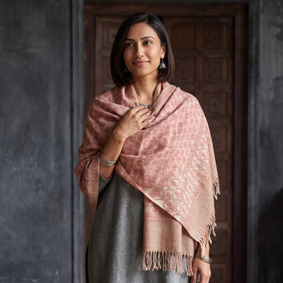 Pink Floral Sanganeri Print Pure Merino Wool Handwoven Shawl, worn by a model, AI visual of the shawl, iTokri