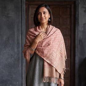 Pink Floral Sanganeri Print Pure Merino Wool Handwoven Shawl, worn by a model, AI visual of the shawl, iTokri