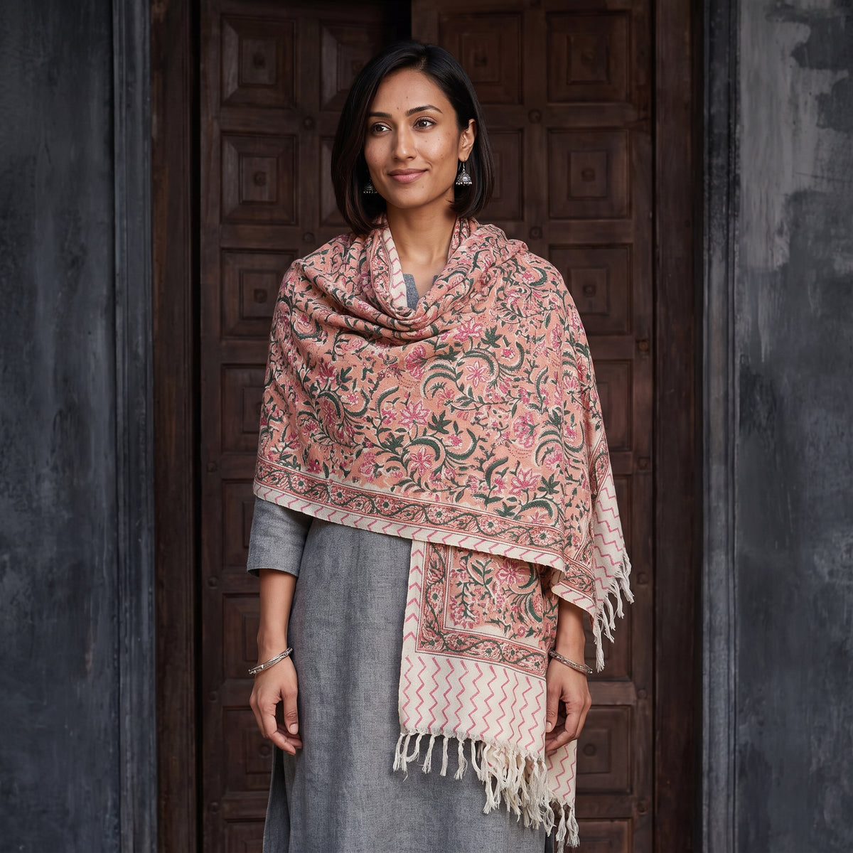 Pink Floral Sanganeri Print Pure Merino Wool Handwoven Shawl, worn by a model, AI visual of the shawl, iTokri