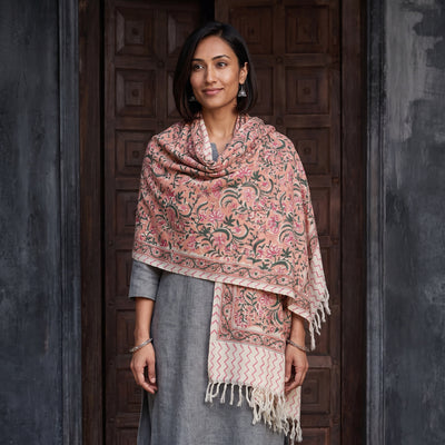 Pink Floral Sanganeri Print Pure Merino Wool Handwoven Shawl, worn by a model, AI visual of the shawl, iTokri