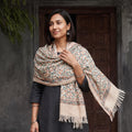 Grey Floral Sanganeri Print Pure Merino Wool Handwoven Shawl, worn by a model, AI visual of the shawl, iTokri