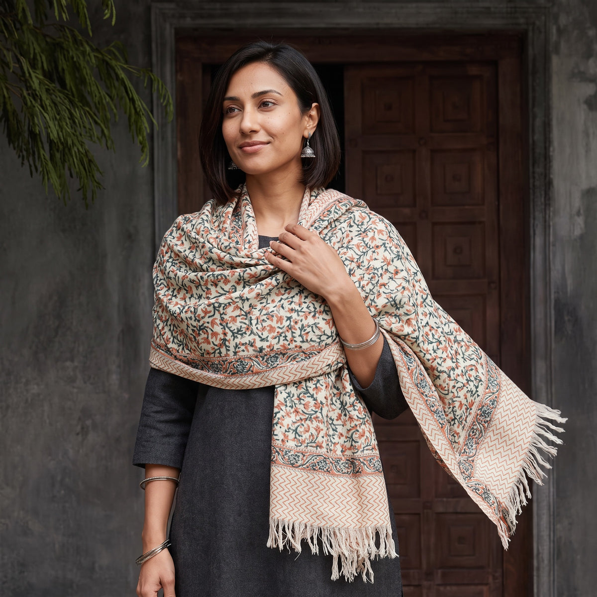 Grey Floral Sanganeri Print Pure Merino Wool Handwoven Shawl, worn by a model, AI visual of the shawl, iTokri