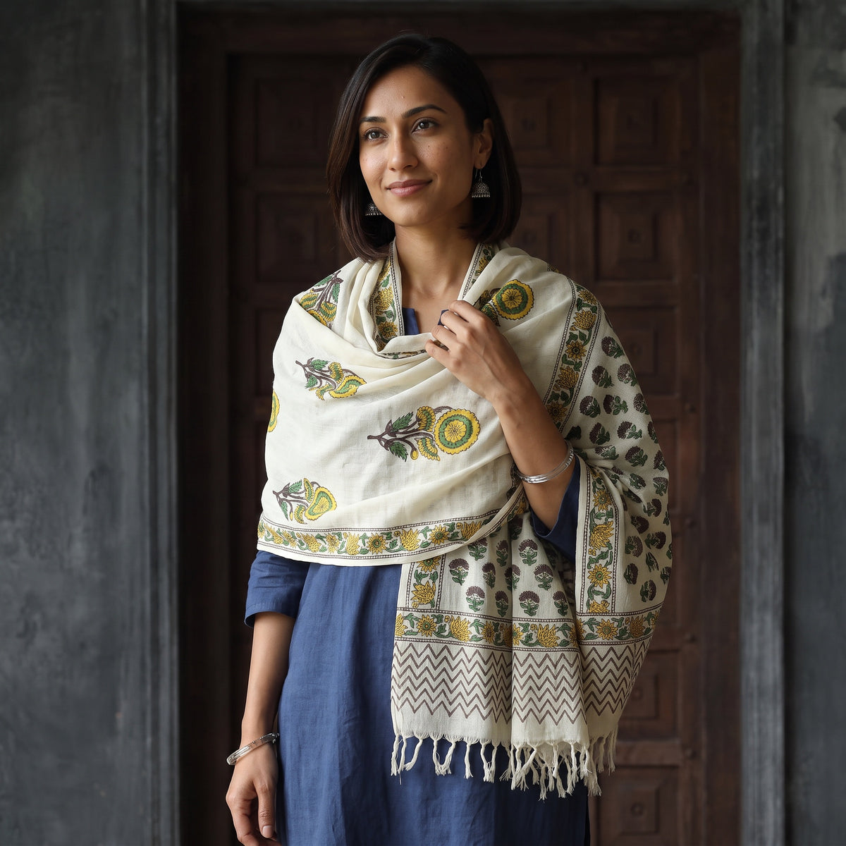 Off White Floral Sanganeri Print Pure Merino Wool Handwoven Shawl, worn by a model, AI visual of the shawl, iTokri