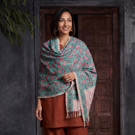 Teal Floral Sanganeri Print Pure Merino Wool Handwoven Shawl, worn by a model, AI visual of the shawl, iTokri