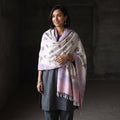 Off White Floral Sanganeri Print Pure Merino Wool Handwoven Shawl, worn by a model, AI visual of the shawl, iTokri