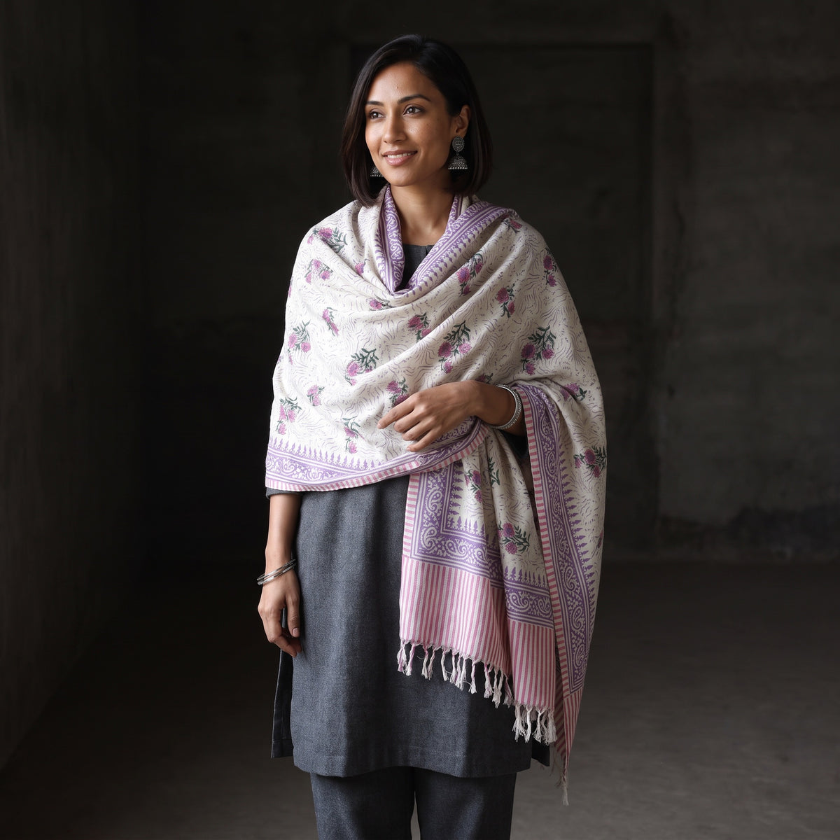 Off White Floral Sanganeri Print Pure Merino Wool Handwoven Shawl, worn by a model, AI visual of the shawl, iTokri