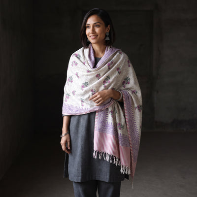 Off White Floral Sanganeri Print Pure Merino Wool Handwoven Shawl, worn by a model, AI visual of the shawl, iTokri