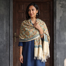 Beige Floral Sanganeri Print Pure Merino Wool Handwoven Shawl, worn by a model, AI visual of the shawl, iTokri