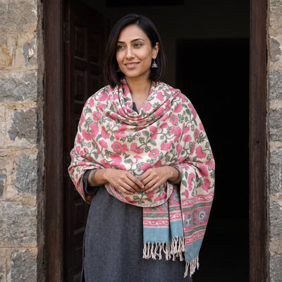 Pink Floral Sanganeri Print Pure Merino Wool Handwoven Shawl, worn by a model, AI visual of the shawl, iTokri