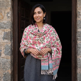 Pink Floral Sanganeri Print Pure Merino Wool Handwoven Shawl, worn by a model, AI visual of the shawl, iTokri