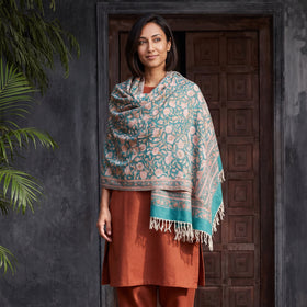 Turquoise Floral Sanganeri Print Pure Merino Wool Handwoven Shawl, worn by a model, AI visual of the shawl, iTokri