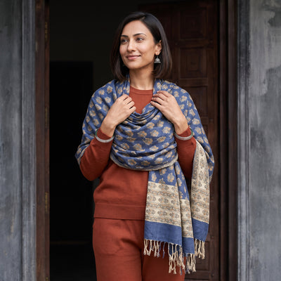 Navy Floral Sanganeri Print Pure Merino Wool Handwoven Shawl, worn by a model, AI visual of the shawl, iTokri