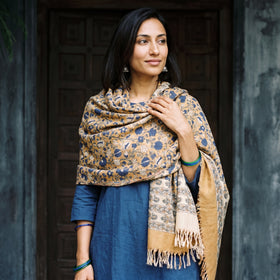 Beige Floral Sanganeri Print Pure Merino Wool Handwoven Shawl, worn by a model, AI visual of the shawl, iTokri