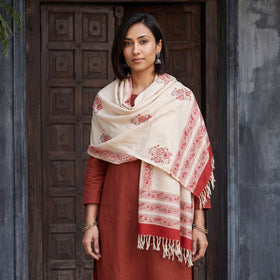 Off White Floral Sanganeri Print Pure Merino Wool Handwoven Shawl, worn by a model, AI visual of the shawl, iTokri