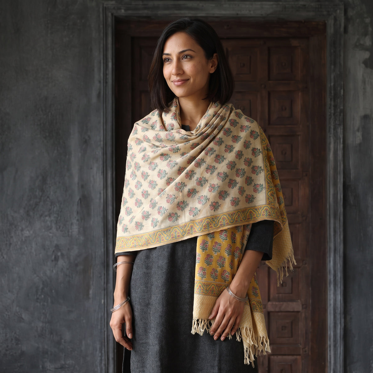 Yellow Floral Sanganeri Print Pure Merino Wool Handwoven Shawl, worn by a model, AI visual of the shawl, iTokri