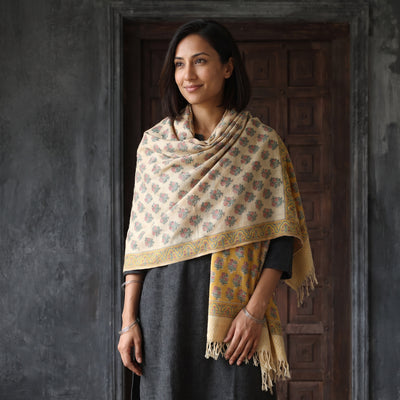 Yellow Floral Sanganeri Print Pure Merino Wool Handwoven Shawl, worn by a model, AI visual of the shawl, iTokri