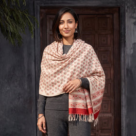 Peach Floral Sanganeri Print Pure Merino Wool Handwoven Shawl, worn by a model, AI visual of the shawl, iTokri